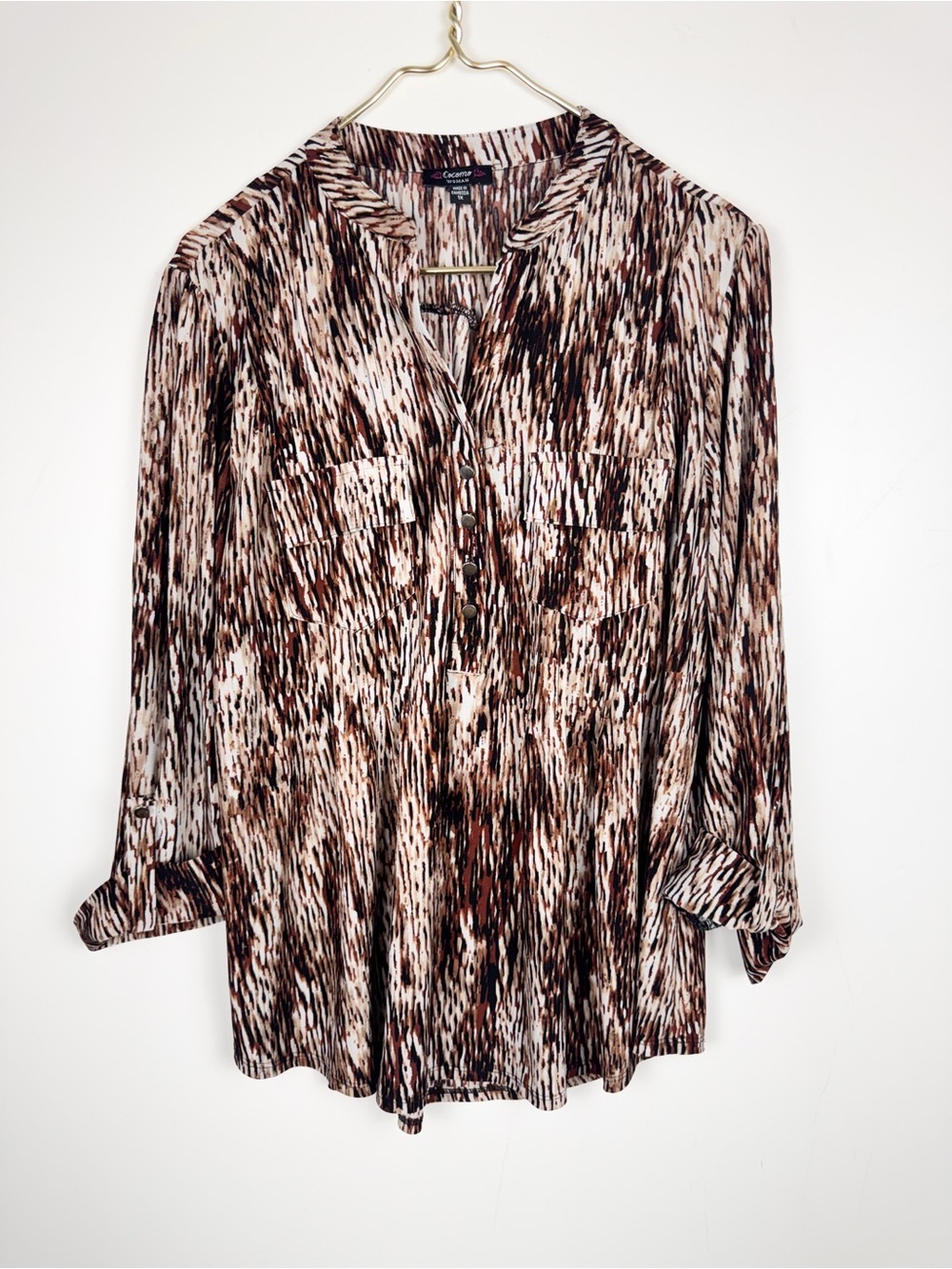 Cocomo Woman Plus 1X Brown Stripe Henley Blouse Roll Tab Sleeve Pleated Tunic
